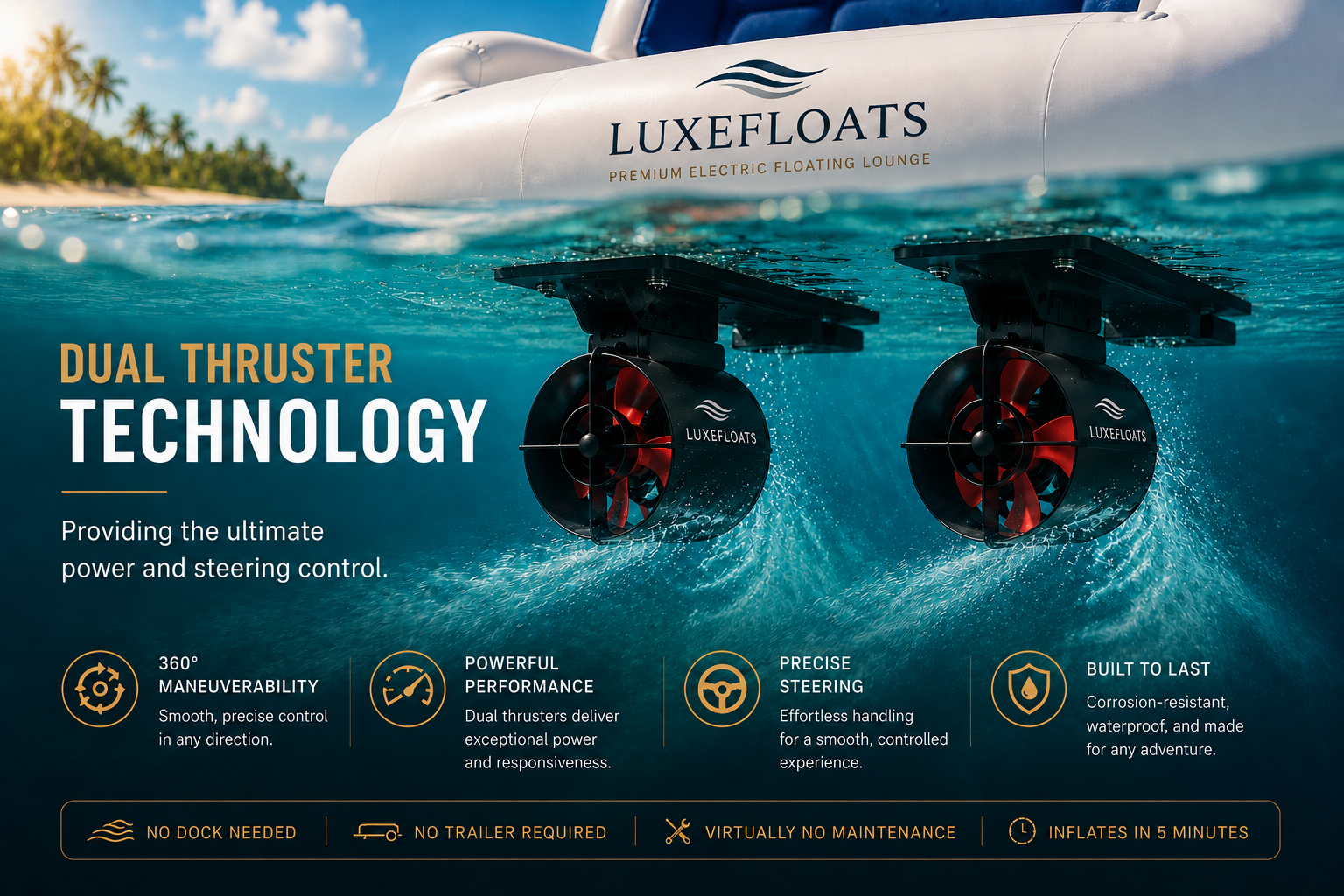 Dual thruster technology showing LUXEFLOATS underwater motors, maneuverability, performance, steering, and durability benefits