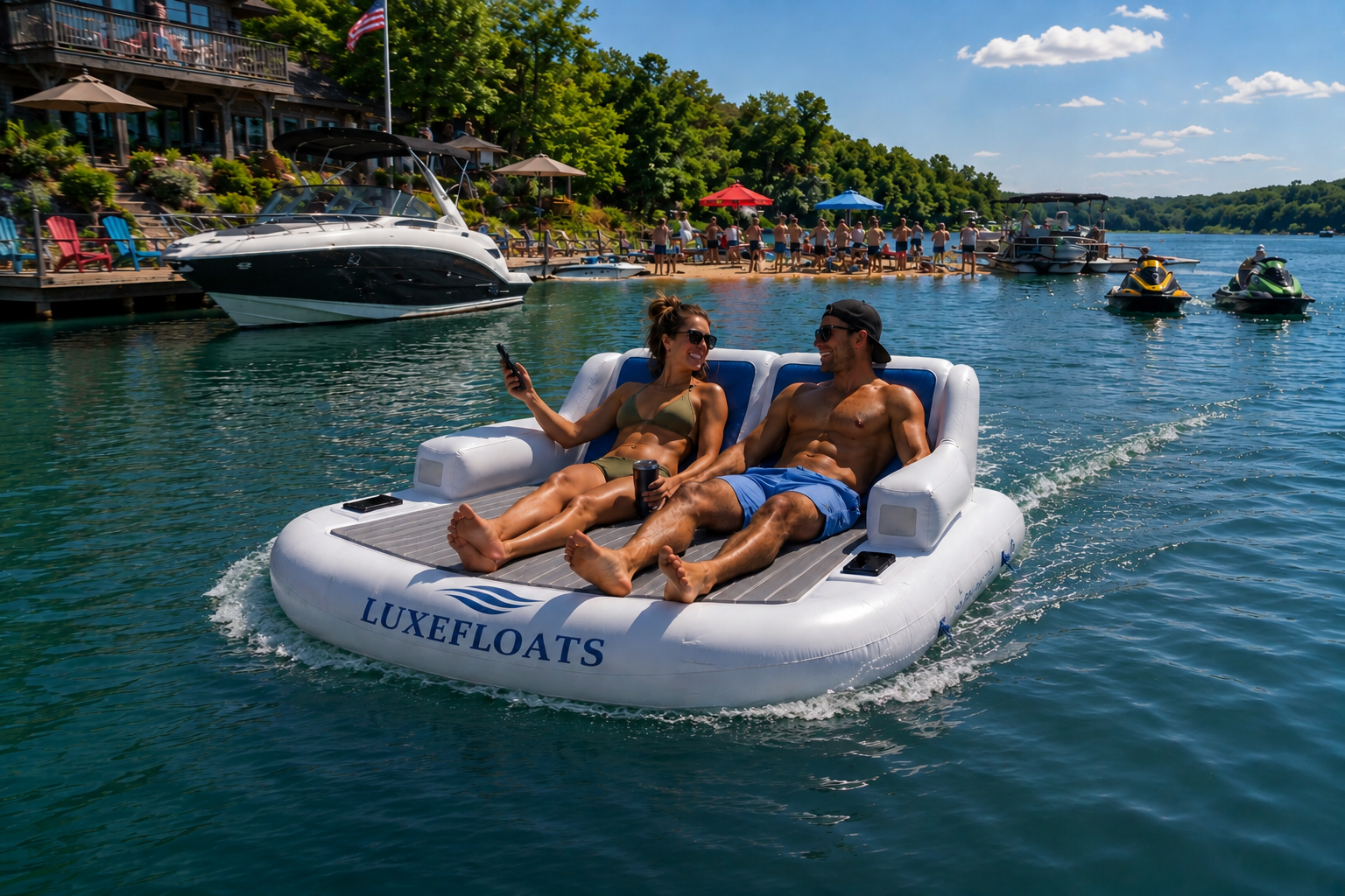 Two people operating a LUXEFLOATS electric floating lounge on a lake