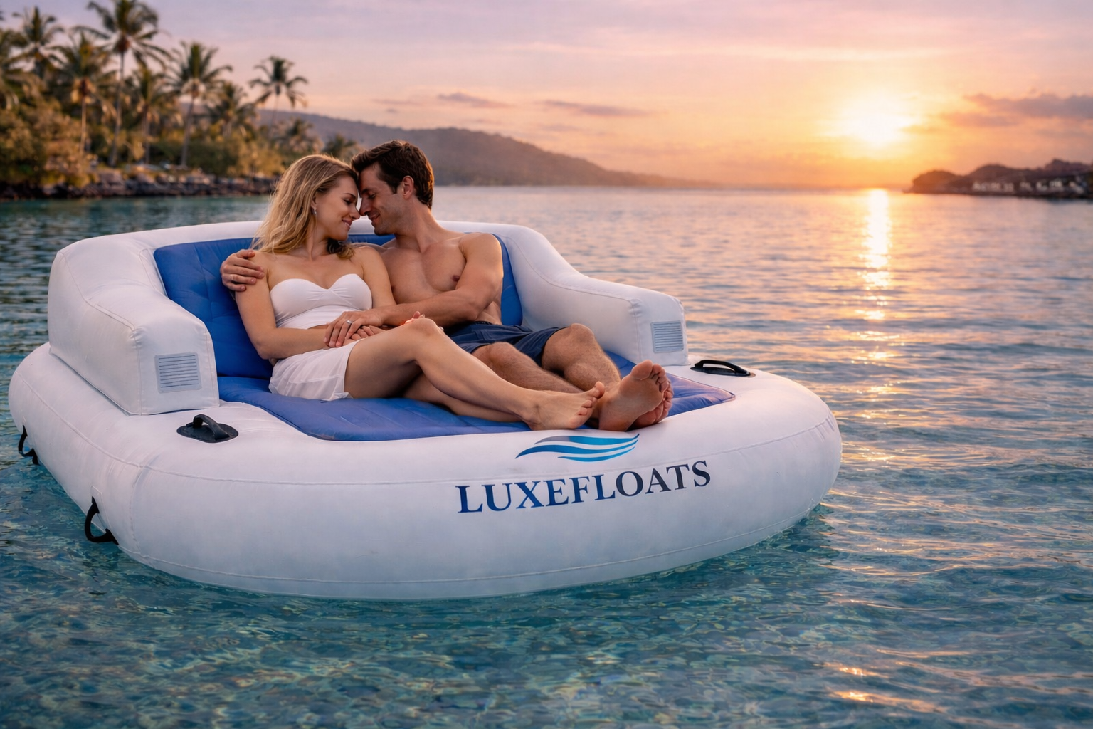 Couple relaxing on LUXEFLOATS at sunset