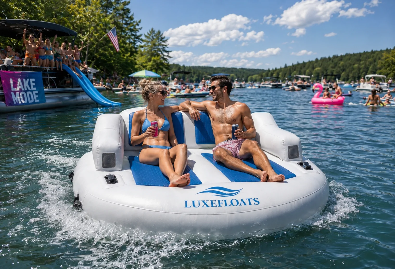 A couple enjoying remote-controlled movement on a Luxefloats lounge during a lake day