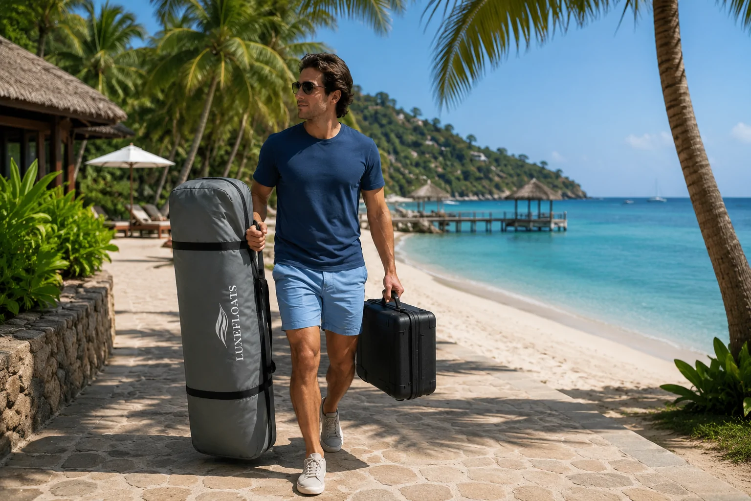 Carrying the packed Luxefloats lounge and protected power case to the shoreline