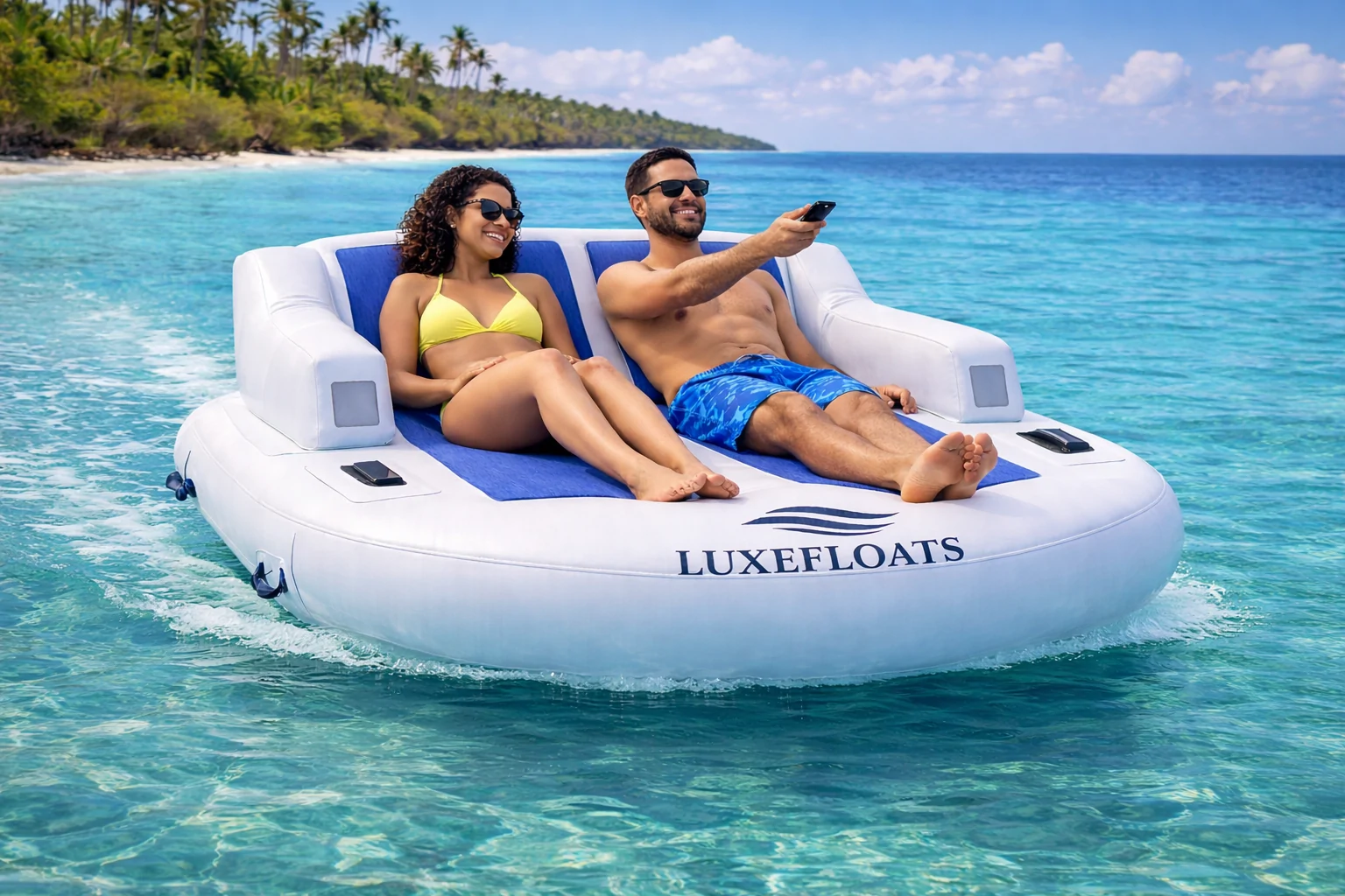 A couple riding a moving Luxefloats lounge while the man steers with the wireless remote