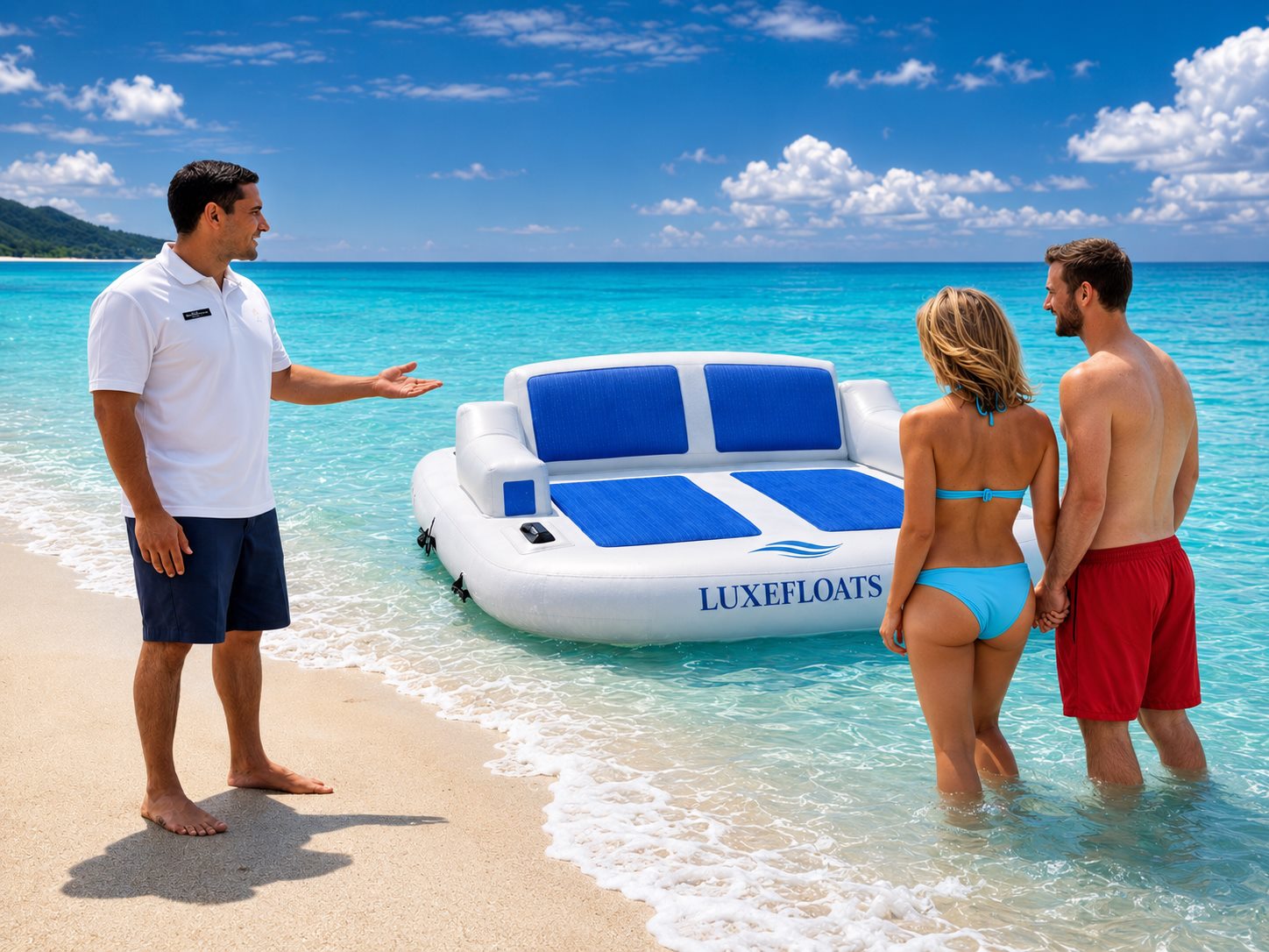 Resort staff presenting a Luxefloats lounge to guests on a clear beach