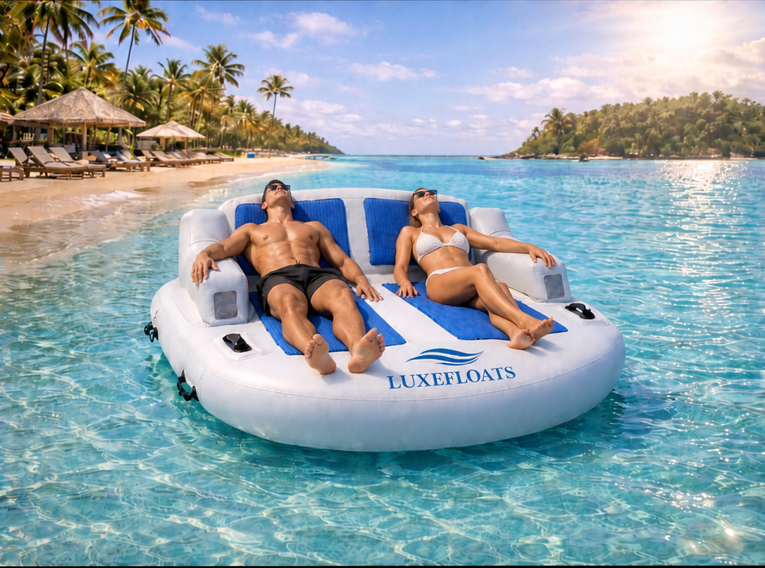 LUXEFLOATS lounge floating in clear resort water near a tropical beach
