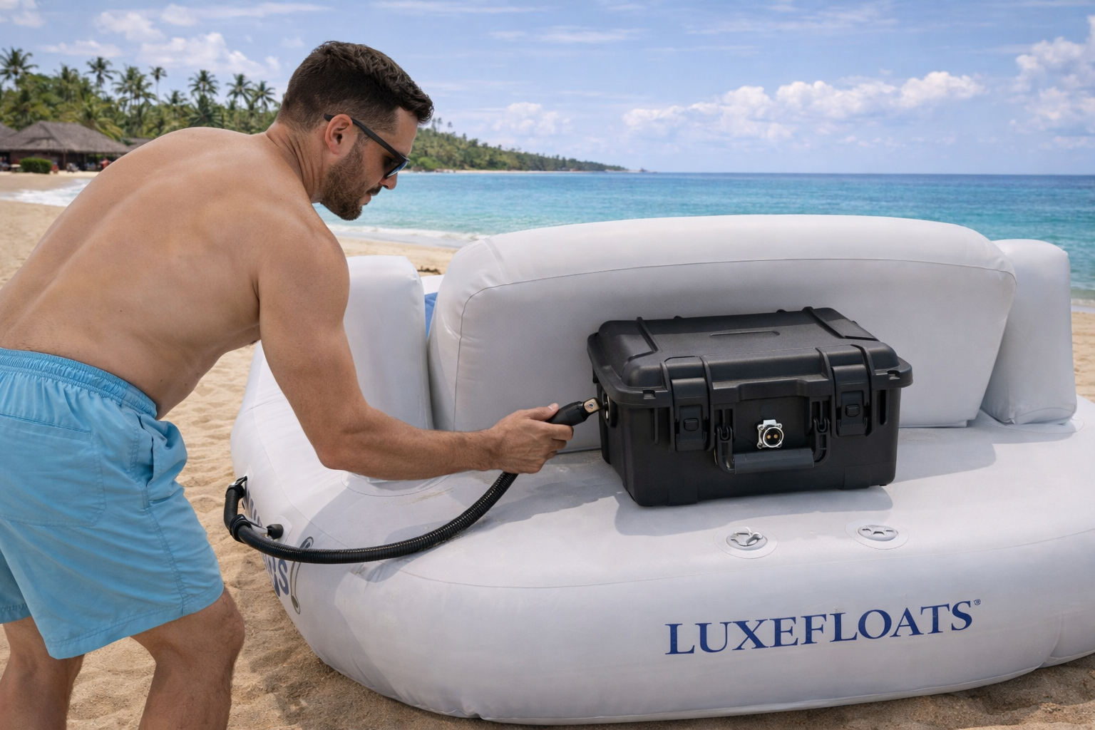 LUXEFLOATS setup detail showing inflation or equipment connection