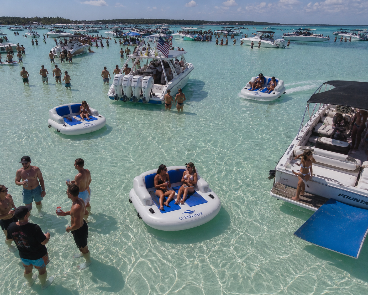 Multiple LUXEFLOATS units gathered at a sandbar event